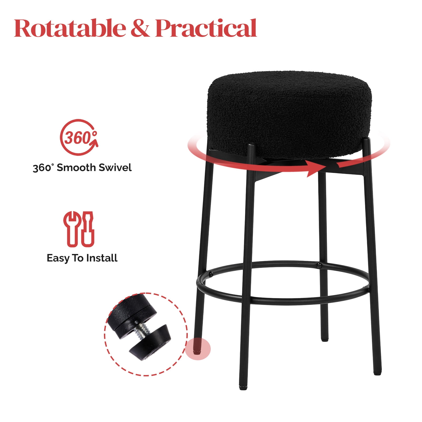 Ktaxon 26" Backless Bar Stools Set of 4, Modern Swivel Barstools with Footrest, Teddy Fleece Padded Counter Height Barstool Chairs 4 pcs, Black