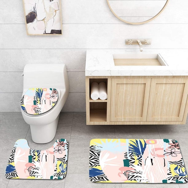 ABPHQTO Dibujado Mano Transparente Con Palmeras Tropicales Hojas Flores Pájaros Juego de alfombras de baño de 3 piezas Alfombra de baño Alfombra de contorno y tapa de inodoro ABPHQTO Cont-CHAPPLE-34936