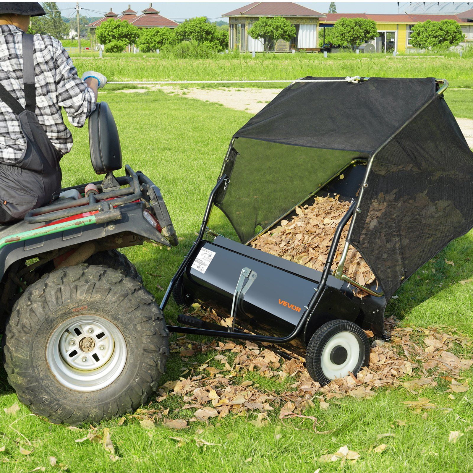 Tow Behind Lawn Sweeper, 44 in Pull Behind Lawn Sweeper, 25 cu. ft Large Capacity Leaf & Grass Collector