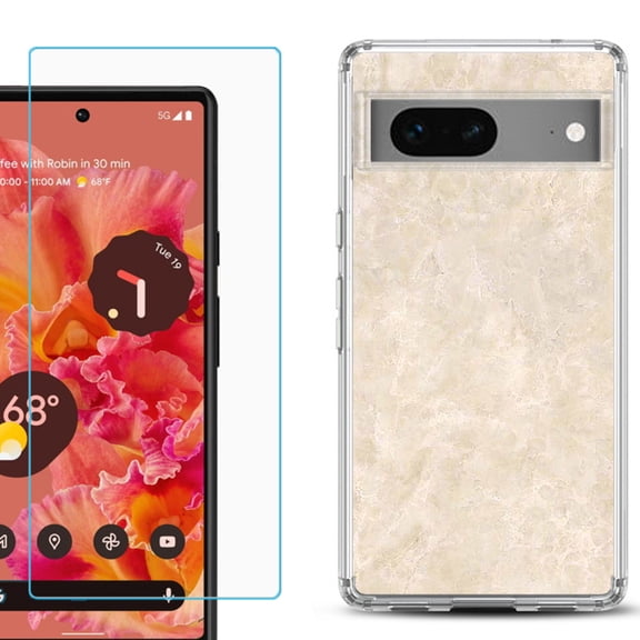 Slim-Fit Gel TPU Phone Case for Google Pixel 7, with Tempered Glass Screen Protector, by OneToughShield ® - Marble / Latte