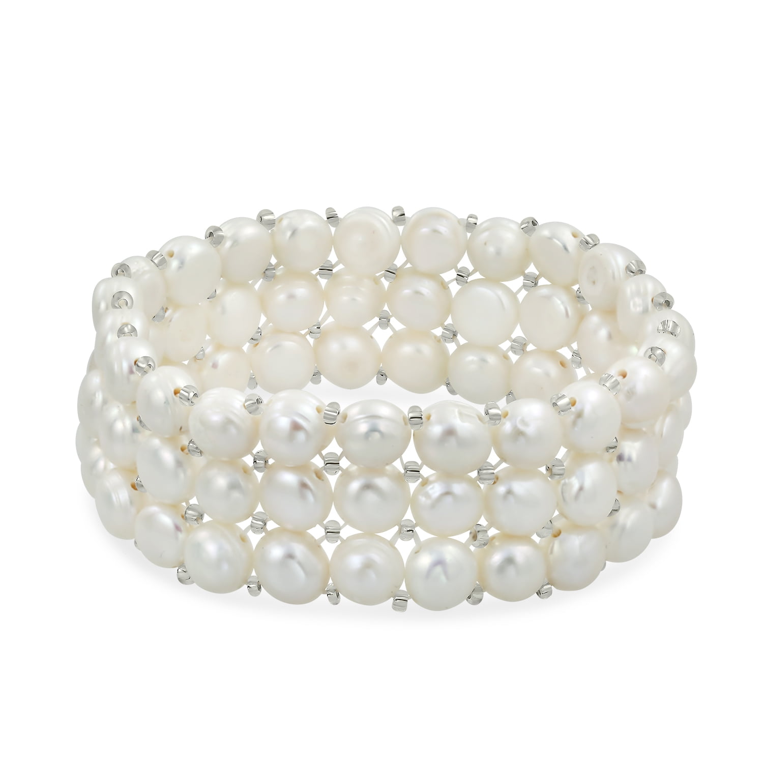 Fits any Wrist White Faux Pearl & Clear Crystal Alternating Stone Bracelet