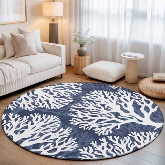 Round Rugs 5 Ft, Navy Blue Coral Coastal Non Slip Area Rugs for Kitchen Bedroom Entryway, Summer Nautical Ocean Beach Washable Carpet Runner Rug Floor Mats for Bedroom Home Decor