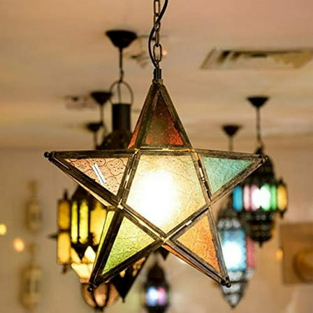 Hanging Candle Lantern,Moroccan Style Glass Five-Pointed Star Shaped -Holder for Wedding,Garden Yard, Black