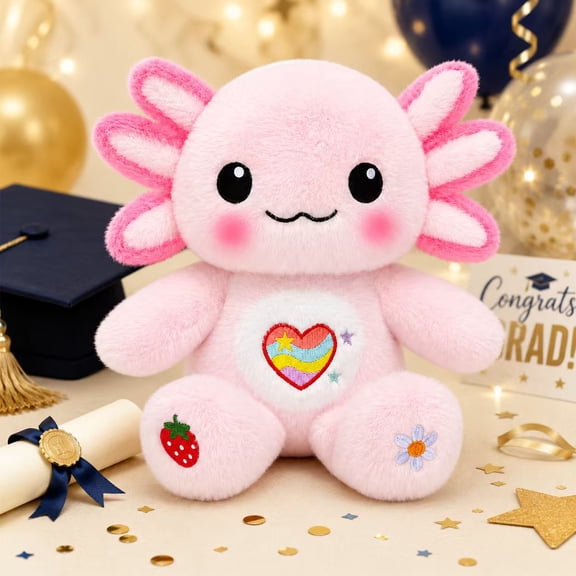 13 in Pink Axolotl Plush Toy for Graduation Gift – Cute Soft Stuffed Animal for Kids, Girls & Boys – Heart, Strawberry & Flower Embroidery – Graduation Keepsake Toy