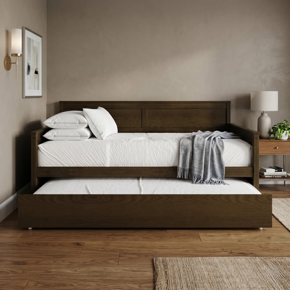 Home Design Hyannis Twin Wood Daybed with Pull-Out Trundle, Solid Wood Frame, Space-Saving Design, Brown