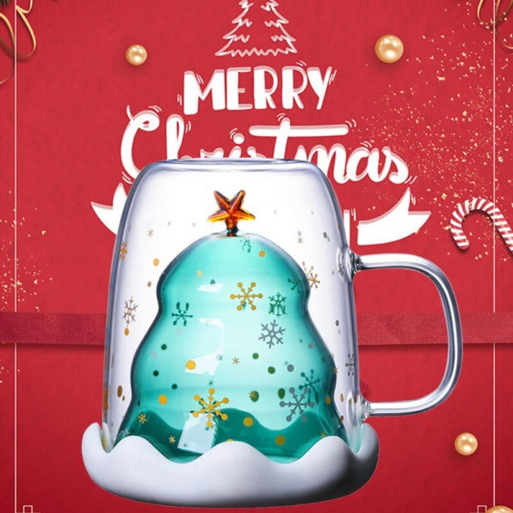Cute Christmas Tree Mug Double Wall Glass Coffee Cups With Silocone Lid Snowflak 