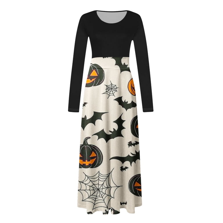 Halloween Maxi Dress for Women, Ghost Pumpkin Print Long Sleeve A-line  Dress, Spooky Fall Party Costume Dress