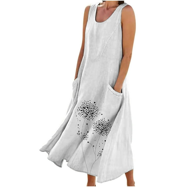 Staron Robes d'Été Blanches pour Femmes en Liquidation à Moins de 10 $ Coton Lin Longues Unies Col Rond Sans Manches Grande Taille Plage Robe de Vacances Fluide avec Poches 5TG