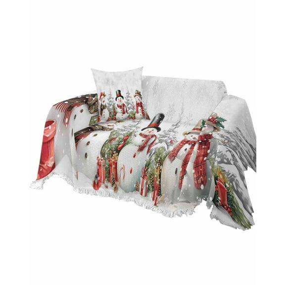 Christmas Sofa Couch Covers for Dogs, Washable Sofa Throw Cover Single Slipcovers for Armchair with Tassels, Xmas Snowman Tree Botanical Gray Couch Protector Towel Blanket M 71''x91''