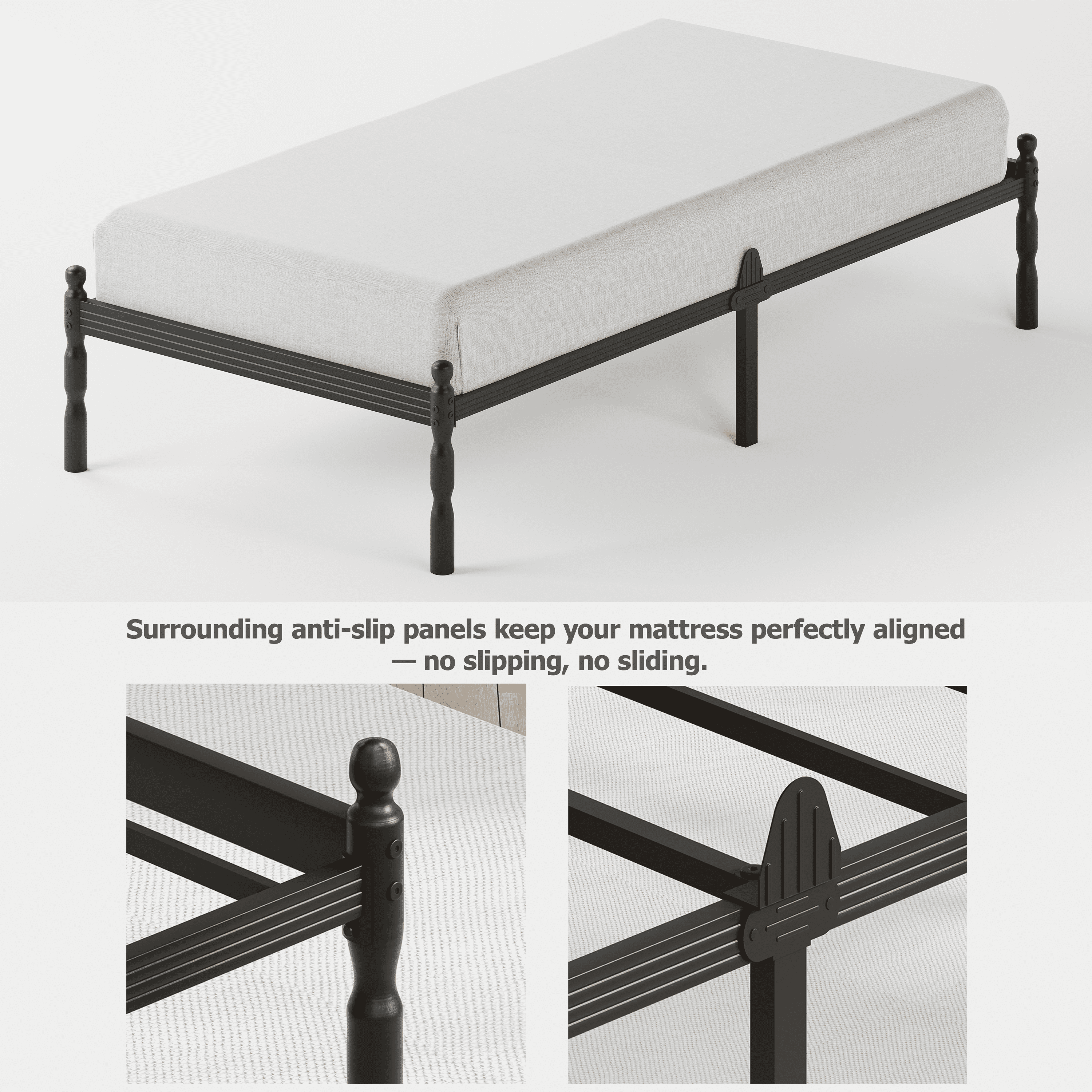 QFTIME 14" Twin Metal Bed Frame with Mattress Non-Slip Stoppers, No Box Spring Needed