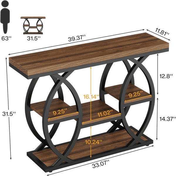 4-Tier Industrial Console Table - Rustic Narrow Accent Table with Metal Base for Entryway, Living Room & Small Spaces