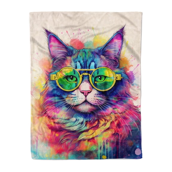 Hippie Maine Coon Portrait oil painting Watercolor Tie-dye Vintage Cozy Fleece Blanket Cat Lover Kitten Owner Gifts Warm Soft Throw Blanket - 00015