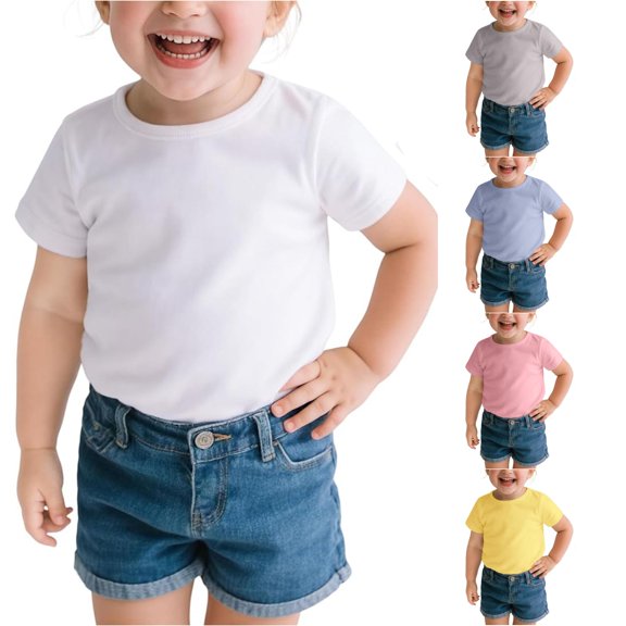 WAYUTE Girls Shirts Toddler Baby Kids Casual Short Sleeve Solid Color Summer Top for Lightweight Crew Neck Basic Tee Shirt,White,Size 5 Y-6 Y