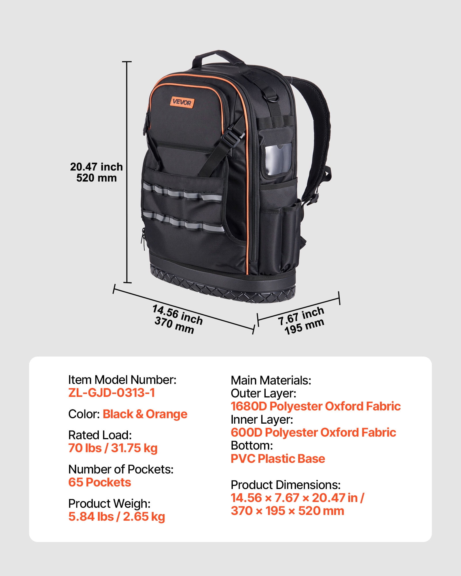VEVOR Tool Backpack, 65 Pockets, Heavy-duty Tools Storage Organizer Work Bags with Laptop Compartment & Molded Base, Electrician Jobsite Backpack for Electrician, Repairman, and HVAC Techs