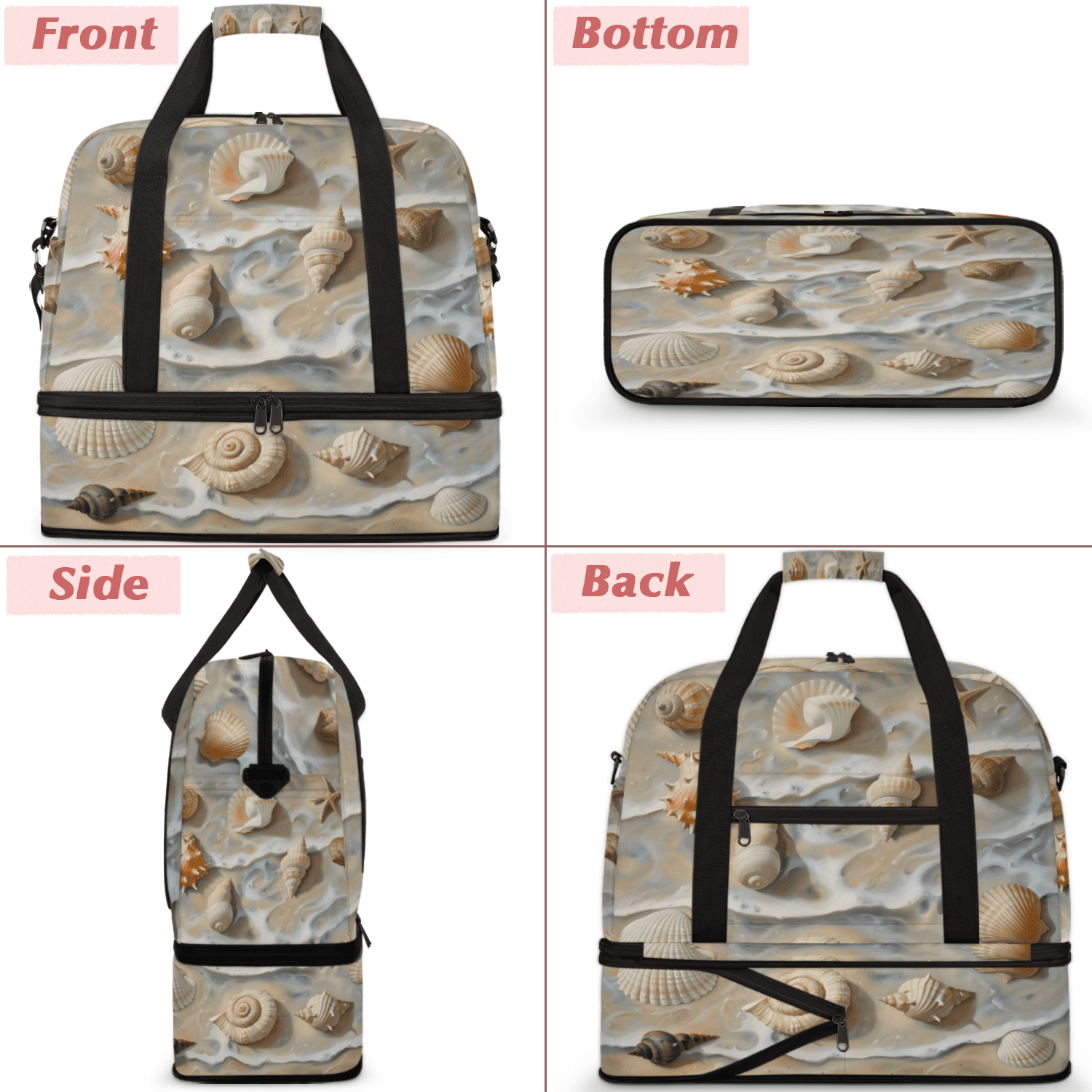 Herdesigns Beach Shells Starfish Sand Foldable Travel Duffel Bag with Shoe Compartment, Weekend Overnight Carry On Bags for Men Women, Large Sports Gym Luggage