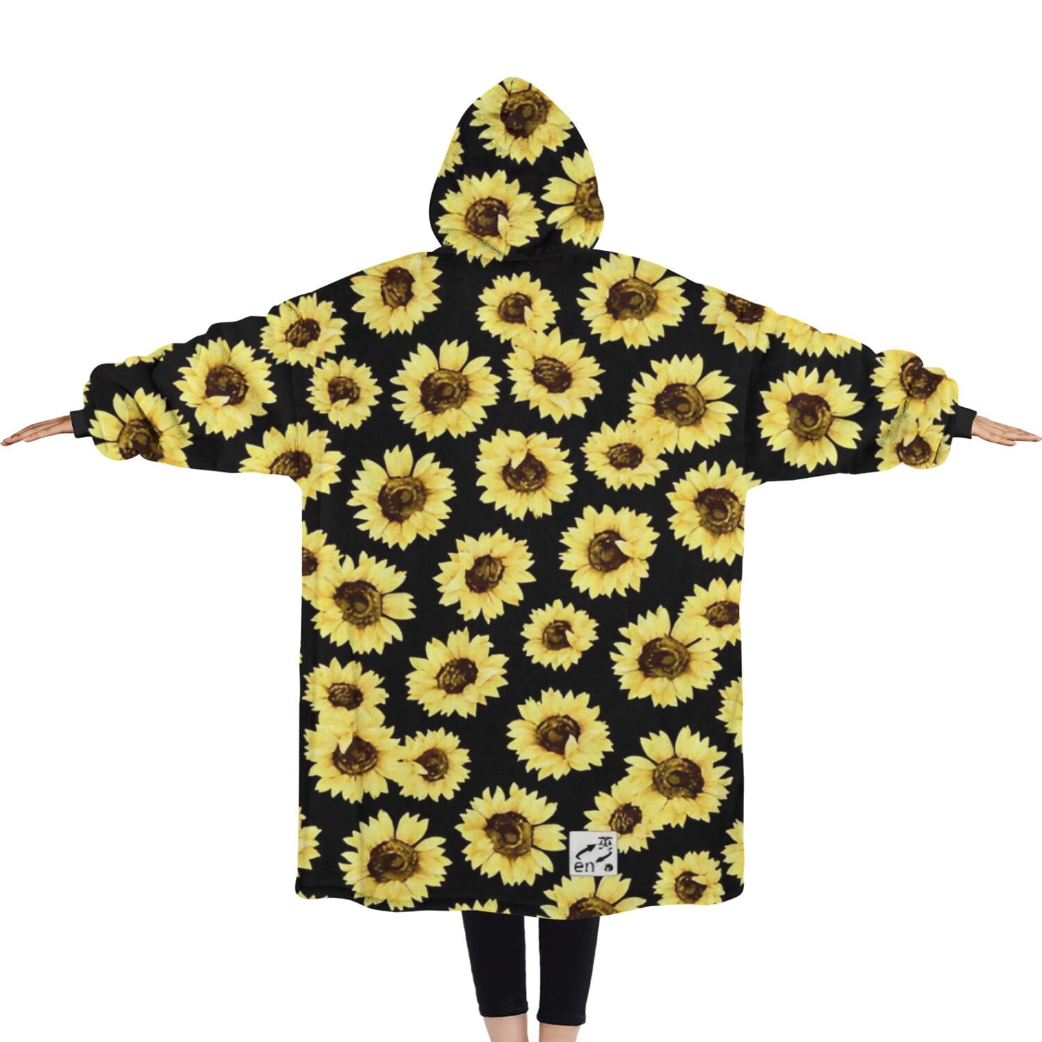 Oversized Wearable Blanket Hoodie,Black Sunflower Pattern Sherpa Blanket Hoodie with Super Pockets,Super Warm Fuzzy Pullover for Women & Men