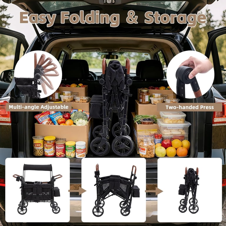 Stroller Wagon For 4 Kids, 4 Seater Wagon Stroller With Snack Tray, Large Storage Bag, Phone Cup Holder, Removable Canopy, Foldable Wagon Stroller 4