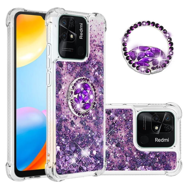 Funda para Xiaomi Redmi 10C con Brillo Líquido Flotante, Purpurina, Parachoques y Anillo Giratorio Soporte
