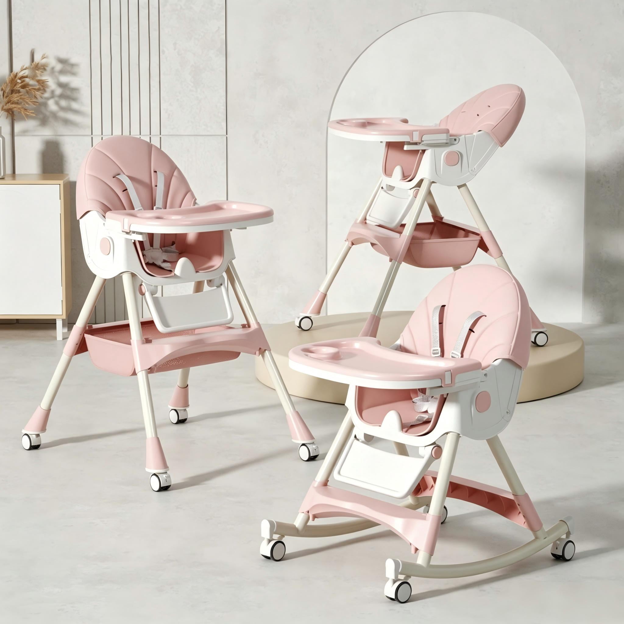 Cochildor 6 in 1 Foldable High Chair, Convertible High Chair for Baby&Toddler, with 5 Point Harness, Pink