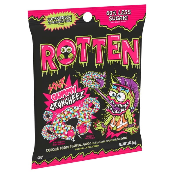 Rotten Sour Cruncheez Gummy Candy, 1.8 oz Bags (Pack of 6) – Tangy, Chewy Sour Candy with Crunchy Shell