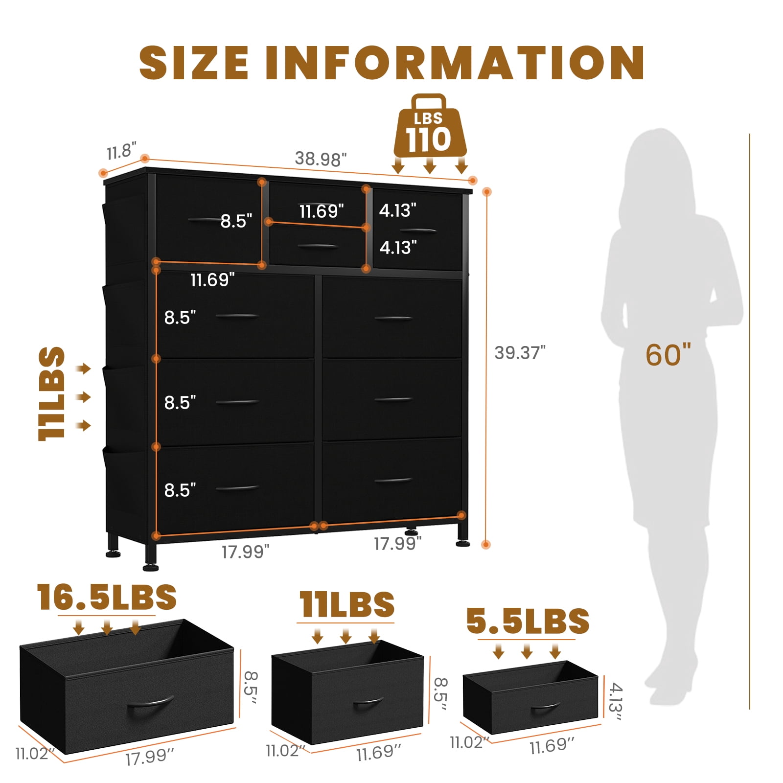 CONCETTA Dresser Storage with 10 Drawers,Storage Organizer for Closet, Wood Top for Bedroom, Living Room, Black