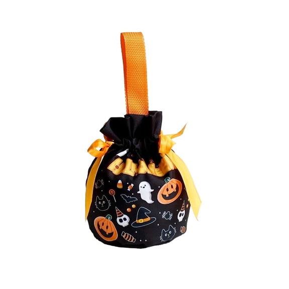 Yhmxh Halloween Trick or Treat Bags, Drawstring Candy Gift Bags with Ribbon Bow, Reusable Halloween Goodie Bags, Treat Bags with Pumpkin, Bat, Ghost Prints for Party Favors, Halloween Giveaways