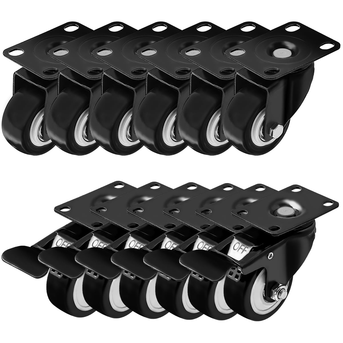 Caster Wheels Rubber Base w/ Top Plate & Bearing 12 Pack 2.5" NO Brake 