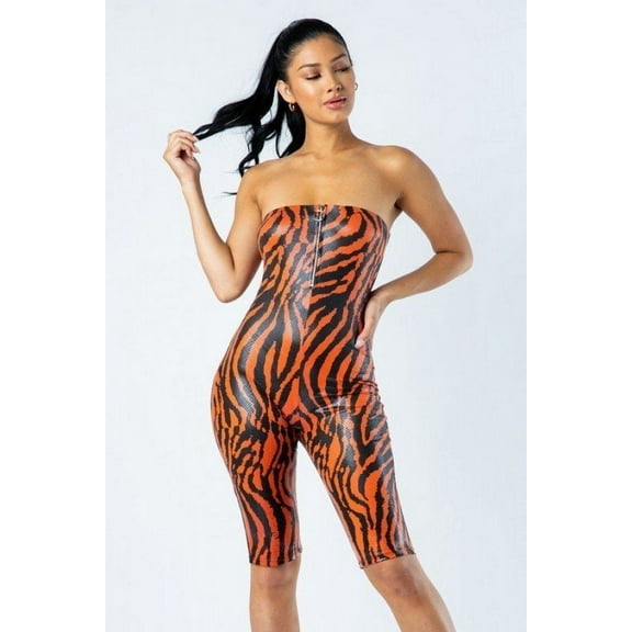 Zebra Print Tube Romper With Front O Ring Zipper Detail