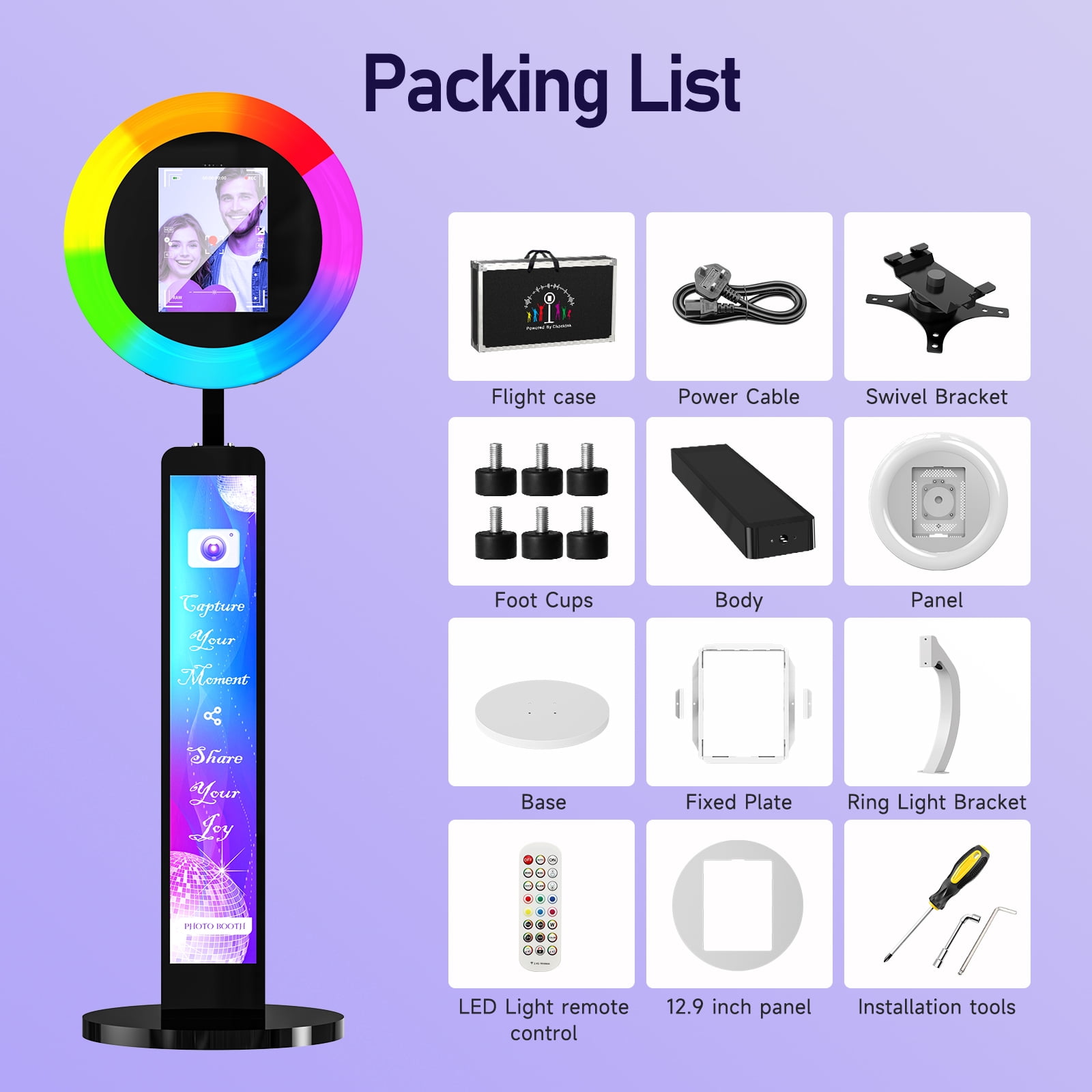 MWE Photo Booth Stand for ipad 12.9'' 10.9'' 10.2'' with Ring Light Software APP and Remote Control, RGB Lights Music Sync, Flight Case,Black