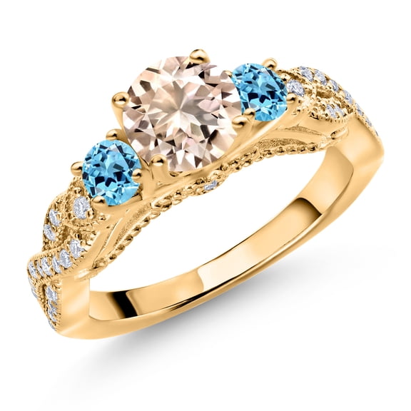 Gem Stone King 18K Yellow Gold Plated Silver Peach Morganite Swiss Blue Topaz and White Moissanite Engagement Ring for Women (1.17 Cttw, Gemstone October Birthstone, Round 6MM and 3MM, Size 8)