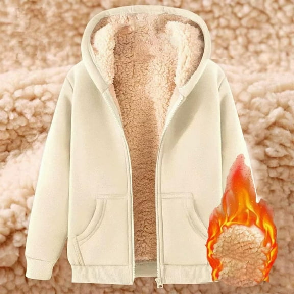 LEKDFST Women's Full Zip Jacket Solid Sherpa Lined Jacket for Women Fall Winter Warm Hooed Coats with Pockets Beige L
