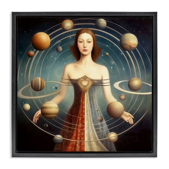 Galactic Orbits Woman Black Framed Floater Canvas Wall Art, design by Sasha