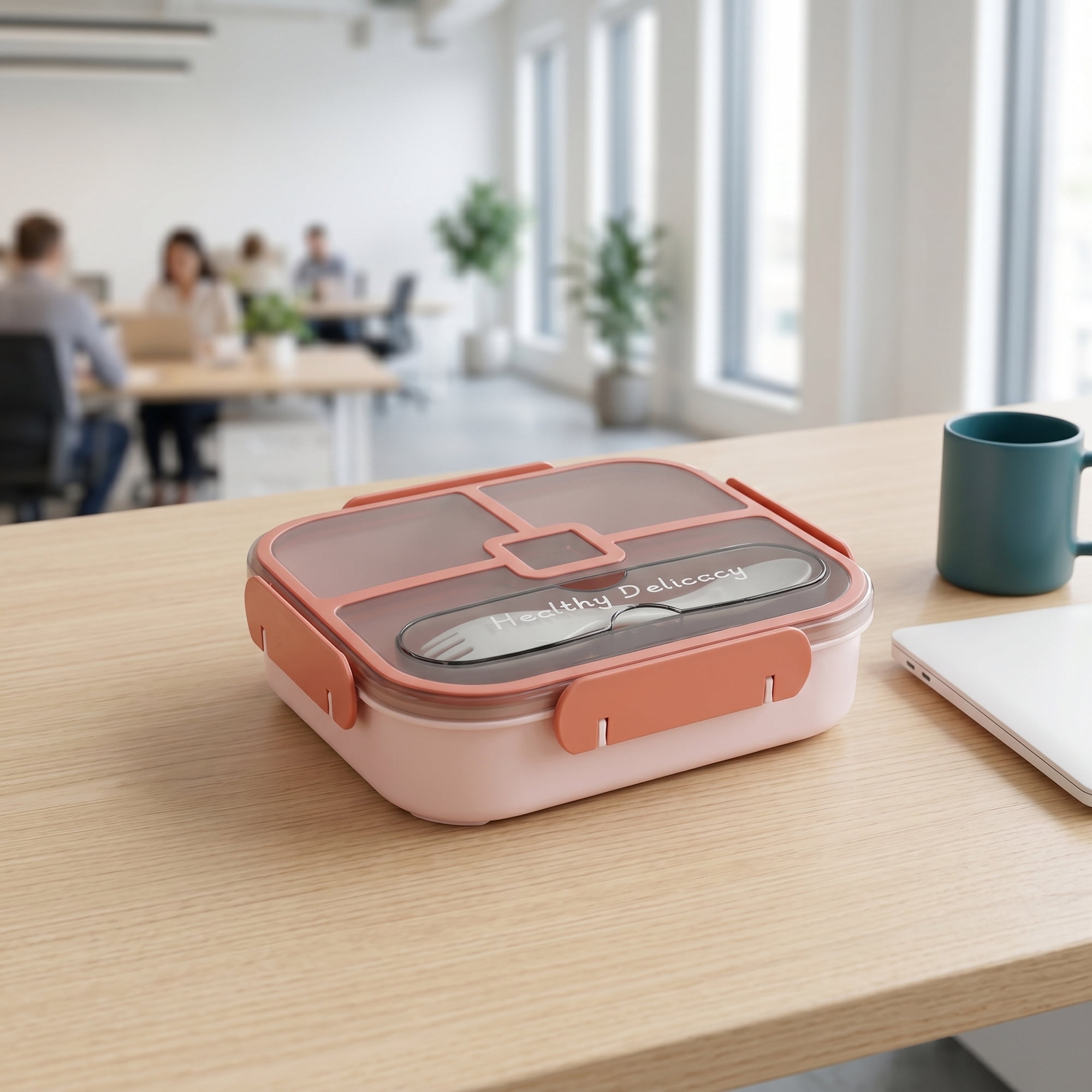 Unique Bargains Bento Lunch Box with Built-in Cutlery Slot for Work Travel Pink-1