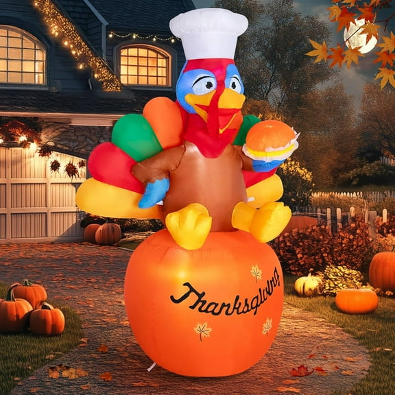 6 FT Inflatables Turkey for Thanksgiving Outdoor Decoration, Chef Turkey Holding Hamburger Sitting on Pumpkin, LED Lighted Blow Up, Thanksgiving Yard Decor for Party