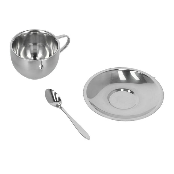 JUEGO DE 3 TAZAS DE CAFÉ DE ACERO INOXIDABLE CON AISLAMENTO DE DOBLE PARA CAPUCHINO, TÉ, LECHE, CUCHARA, PLATILLO, TAZAS DE ACERO INOXIDABLE 304, PAQUENTE DE