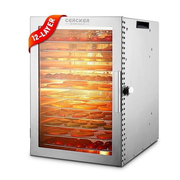 CERCKER Food-Dehydrator Machine 12 Stainless Steel Trays, 800W Food Dehydrator Jerky Maker with 24H Timer and 70℉-190℉ Temperature Control
