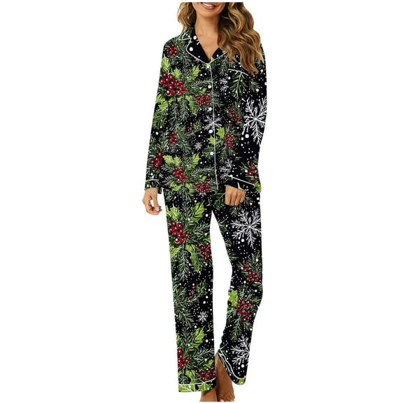 Women’s Christmas Pajama Set Long Sleeve Button Down Sleepwear Holiday Print PJs Soft Loungewear Two Piece