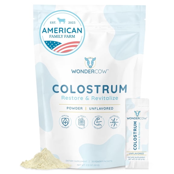 WONDERCOW Colostrum Supplement Powder for Gut Health, Immune Support, Muscle Recovery & Wellness | Natural IgG Pure Whole Bovine Colostrum Superfood, Unflavored, 30 Servings