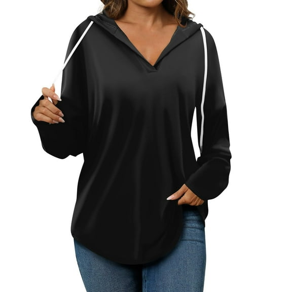Lcziwo Women's Athletic Hoodies Casual Loose Lightweight Sweatshirts Long Sleeve Drawstring Plain V Neck Pullovers Black,L