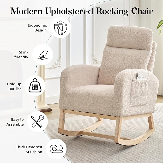 Leather Glider Chair, Modern Rocking Chair, Nursery Faux Leather Glider Chair with Rubber Wood Legs and Side Pocket, Rocking Accent Armchair for Living Room, Bedroom, Beige