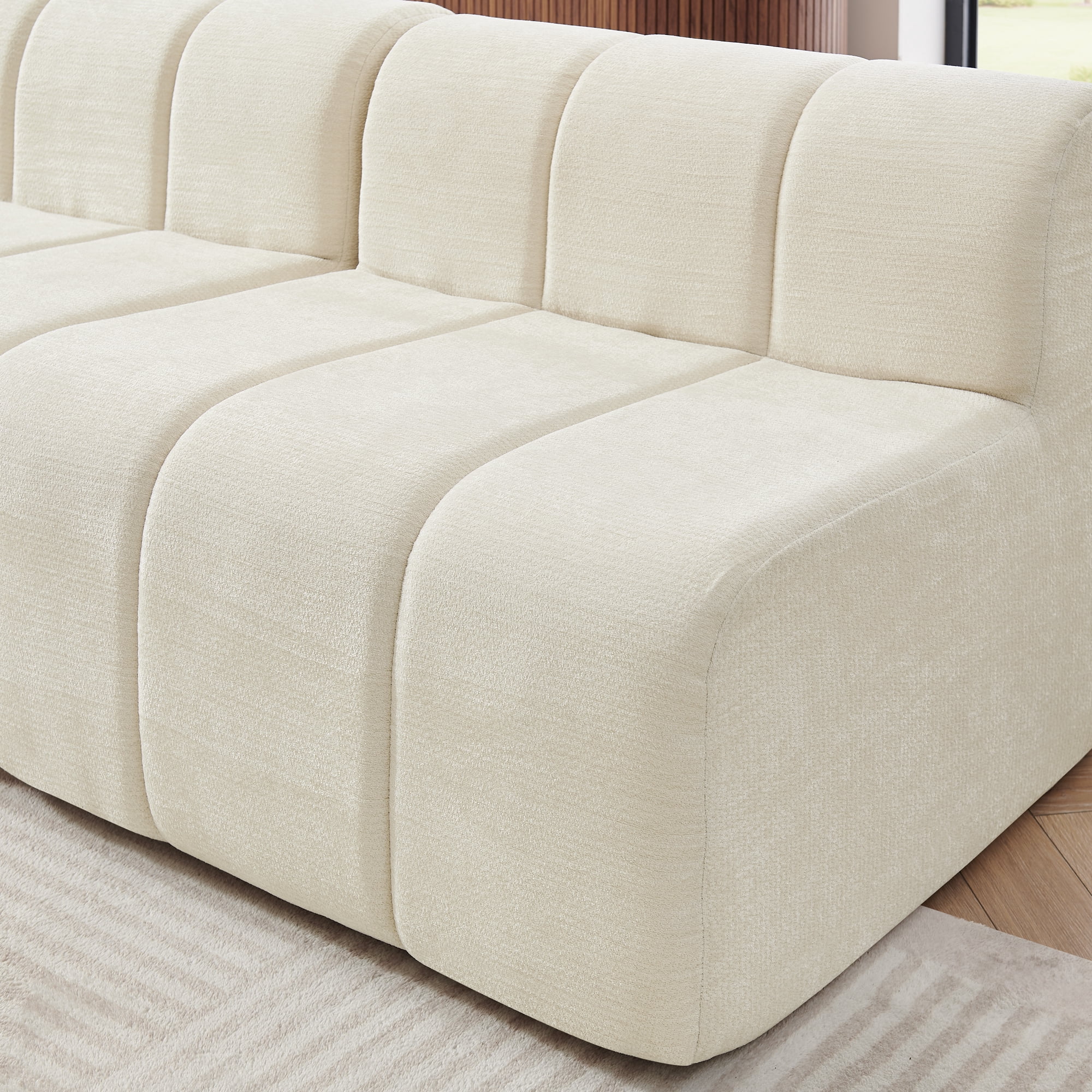 116"W Modern Semi-Curved Modular Sectional Sofa with Movable Ottoman,Vertical Stitched Chenille Cloud Sofa Couch for Living Room,No Assembly Required,Beige