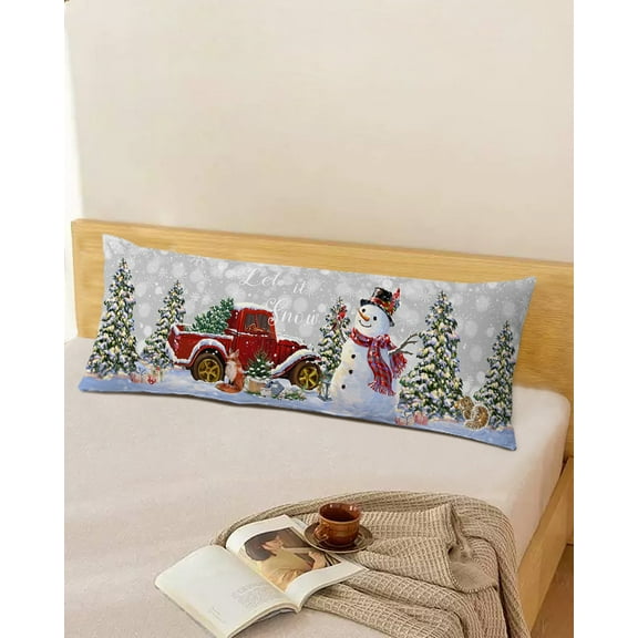 Gray Snowflake Snowman Winter Throw Pillow Cover,Christmas Truck Pine Tree Rectangle Decorative Pillow Case Protector Soft Cushion Cover Lumbar Pillowcase for Couch Sofa Bedroom Car Decor 20x54 Inch