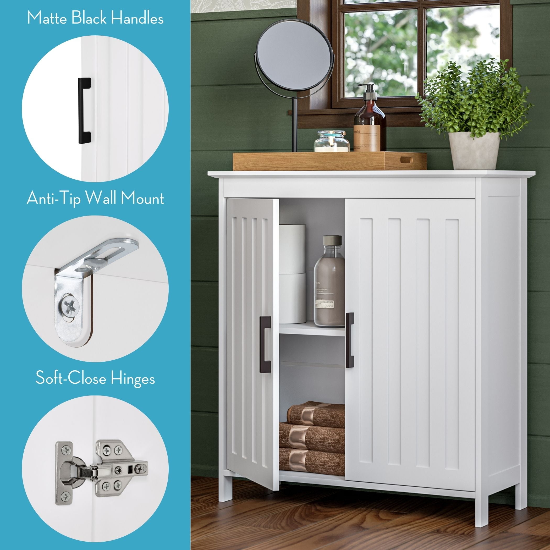 RiverRidge Monroe 2-Door Bathroom Linen Storage Cabinet and Laundry Shelf Organizer- White