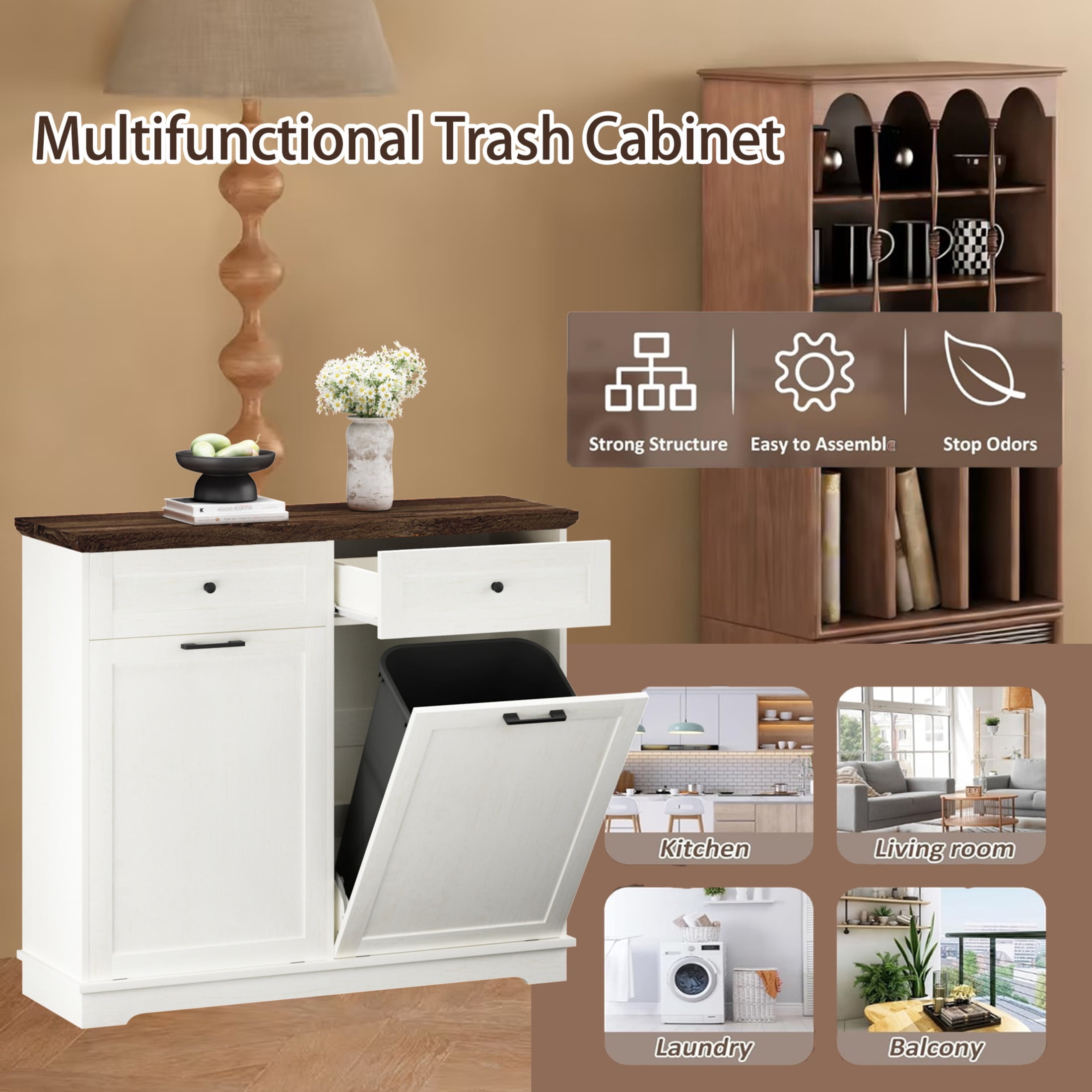 Noble House Double Tilt Out Trash Cabinet, 20 Gallon Freestanding Garbage Bin Holder with Drawer, Antique Brown & White