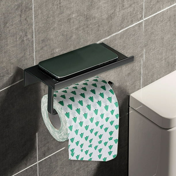 Portarrollos de papel higiénico de pared con repisa para teléfono | Dispensador de papel higiénico de aleación de aluminio | Diseño moderno en negro y plateado | Fácil instalación para baños y aseos