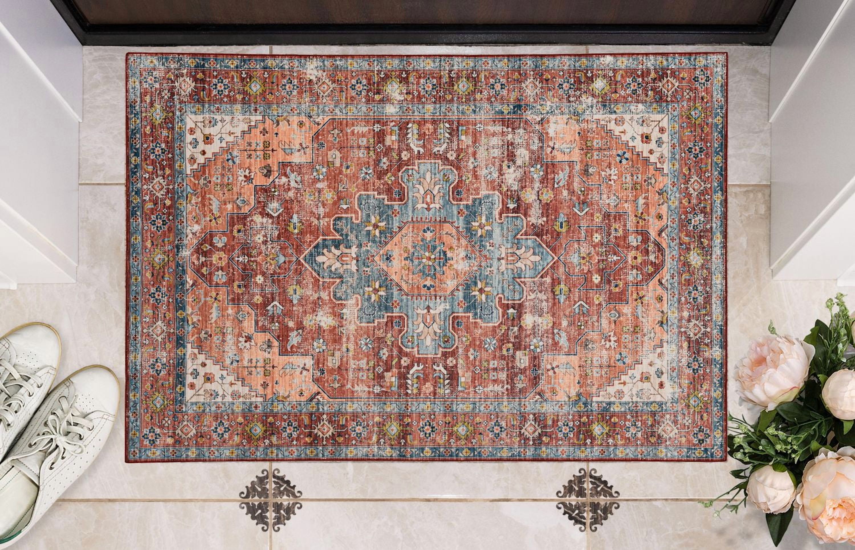 Carter 2' x 3' Washable Accent Rug, Rust and Ivory