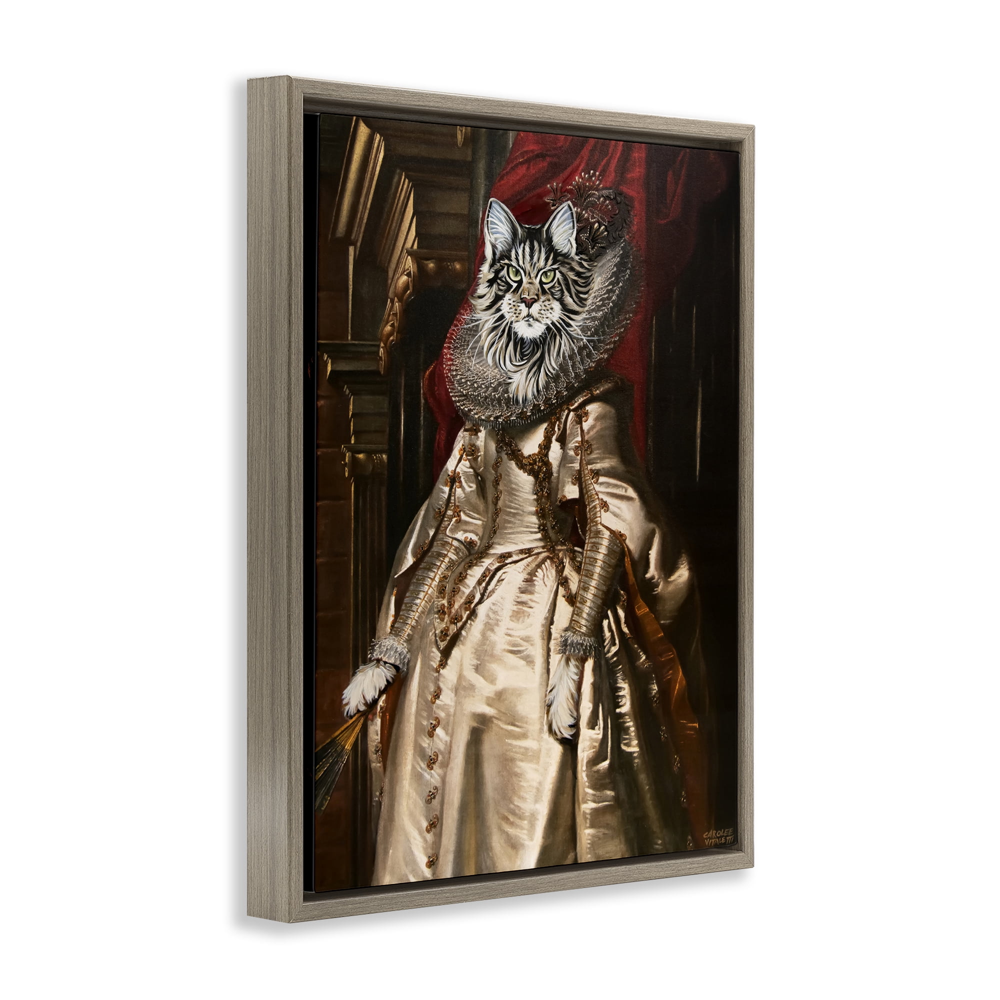 Stupell Industries Renaissance Cat Portrait History & Language Painting Brown Floater Framed Canvas Art Print Wall Art, 25 x 31