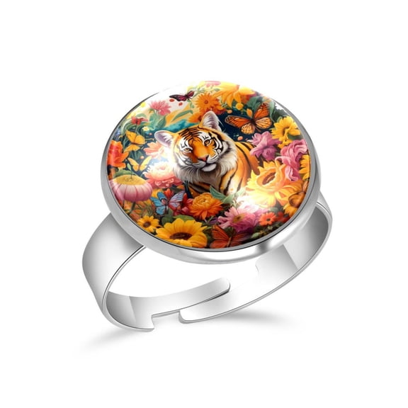 PhooArto Tiger Flower Butterflies Stainless Steel Rings for Women, Open Adjustable Ring Promise Ring Jewelry Gifts