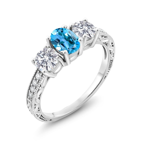 Gem Stone King 10K White Gold Swiss Blue Topaz and Lab Grown Diamond Engagement Ring for Women | 2.12 Cttw | Oval 7X5MM | Gemstone November Birthstone | Size 9