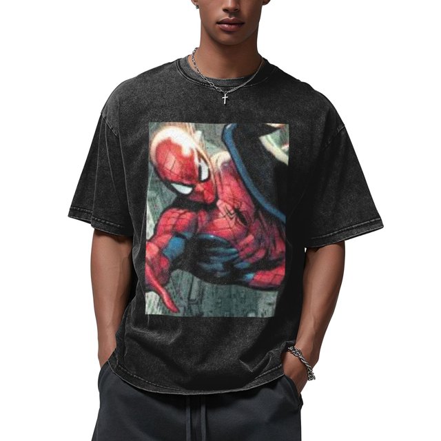 Spider-Man 210g Men's Crew Neck Washed Short Sleeve T-Shirt - Hot Stamping